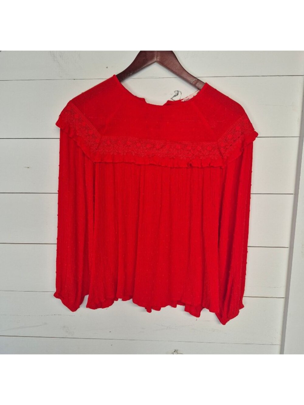 Boho Red Long Sleeve Lace-Trim Blouse With Back Tie Detail Womens Size S